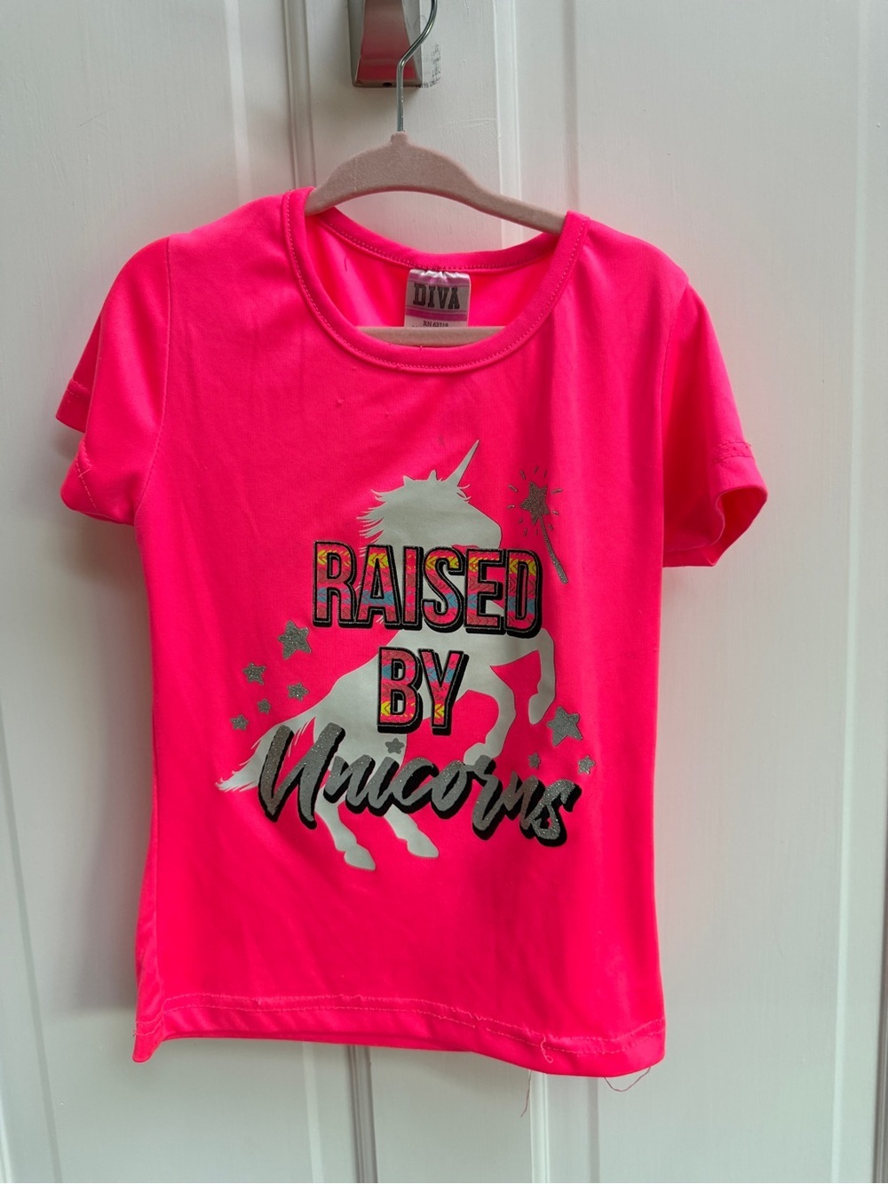 Diva Girls XS 4 5  Neon Pink Raised by Unicorns Short Sleeve Shirt Top Blouse